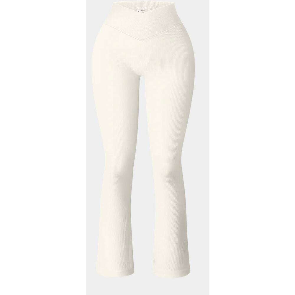 OQQ Women’s cream bell bottom athletics seamless crossover V-wide waistband